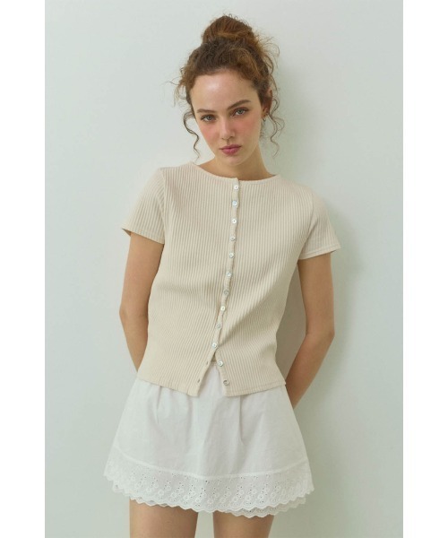 ALEXIA STAM（アリシアスタン）の「Rib Short Sleeve Cardigan /リブ半袖カーディガン（カーディガン/ボレロ・レディース・アイボリー/ネイビー・M/S）」の2枚目の写真