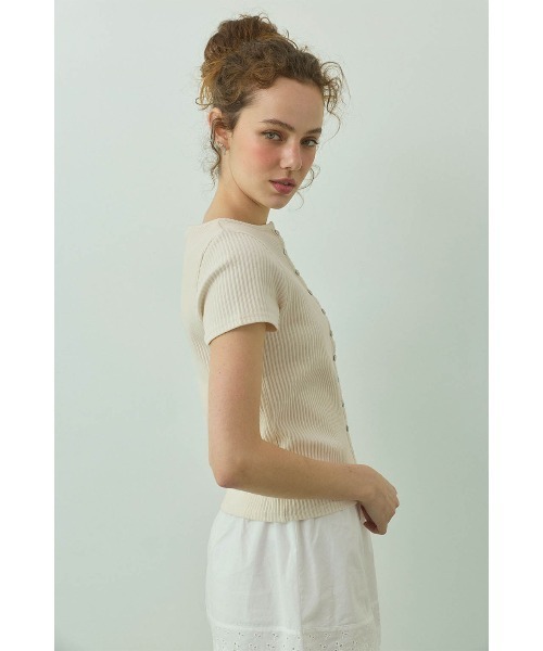 ALEXIA STAM（アリシアスタン）の「Rib Short Sleeve Cardigan /リブ半袖カーディガン（カーディガン/ボレロ・レディース・アイボリー/ネイビー・M/S）」の4枚目の写真