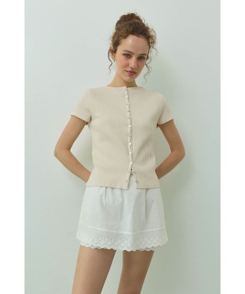 ALEXIA STAM（アリシアスタン）の「Rib Short Sleeve Cardigan /リブ半袖カーディガン（カーディガン/ボレロ・レディース・アイボリー/ネイビー・M/S）」の5枚目の写真