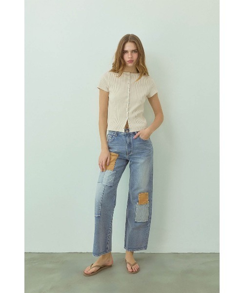 ALEXIA STAM（アリシアスタン）の「Rib Short Sleeve Cardigan /リブ半袖カーディガン（カーディガン/ボレロ・レディース・アイボリー/ネイビー・M/S）」の6枚目の写真