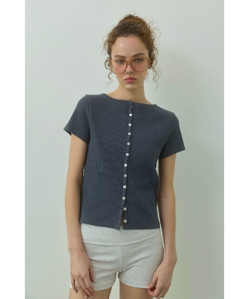 ALEXIA STAM（アリシアスタン）の「Rib Short Sleeve Cardigan /リブ半袖カーディガン（カーディガン/ボレロ・レディース・アイボリー/ネイビー・M/S）」の8枚目の写真