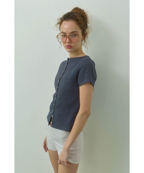 ALEXIA STAM（アリシアスタン）の「Rib Short Sleeve Cardigan /リブ半袖カーディガン（カーディガン/ボレロ・レディース・アイボリー/ネイビー・M/S）」の9枚目の写真