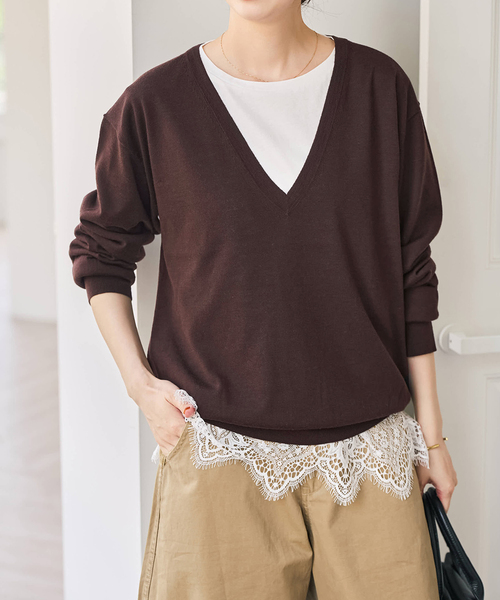 Spick & Span(スピックアンドスパン)の「《手洗い可能》18G Vネックニット(ニット/セーター・レディース・ブラウン系その他/レッド/ネイビー・FREE)」の8枚目の写真