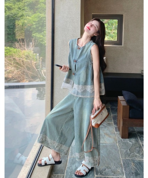 Aelina（エリナ）の「レース切り替えデニムセットアップ（セットアップ・レディース・ライトブルー・L/M/S）」の11枚目の写真