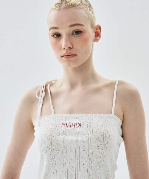Mardi Mercredi(マルディメクルディ)の「SLEEVELESS EYELET RIBBON DETAIL / スリーブレス アイレット リボン ディテール(キャミソール・レディース・グレー/アイボリー/スカイブルー・FREE)」の3枚目の写真