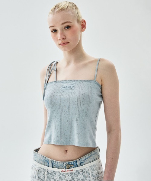 Mardi Mercredi(マルディメクルディ)の「SLEEVELESS EYELET RIBBON DETAIL / スリーブレス アイレット リボン ディテール(キャミソール・レディース・グレー/アイボリー/スカイブルー・FREE)」の1枚目の写真
