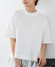 【C-FORTPOINT/フォートポイント】【ストレッチ性抜群の冷感素材を使用】ハイネック ドロップショルダー5分袖Tシャツ プルオーバー 接触冷感 涼しい 体形カバー サイドスリット
