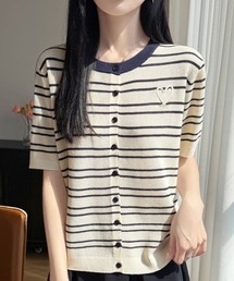 ハート刺繍入りボーダー半袖クルーネックカーディガン