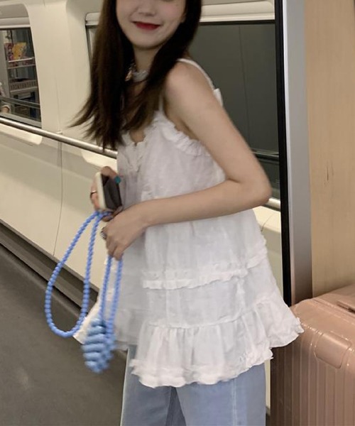 HALEY PESCA(ヘーリーペスカ)の「HALEY PESCA/シアーフリルティアードボリュームキャミソール(キャミソール・レディース・ブラック/ホワイト・FREE)」の4枚目の写真
