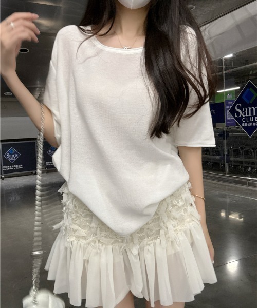 LUCPY(ラクピー)の「ルーズニット半袖トップス(その他トップス・レディース・アイボリー/ホワイト/グレー/ブルー/ブラウン/ブラック/レッド/ピンク・SMALL/LARGE/MEDIUM)」の1枚目の写真
