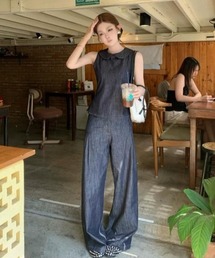 デニムノースリーブトップスワイドパンツセットアップ