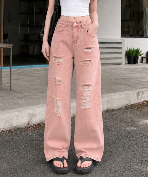CANVAS+（キャンバスプラス）の「【CANVAS+】ローズウォッシュクラッシュワイドデニムパンツ（デニムパンツ・レディース・ピンク・L/M/S）」の2枚目の写真