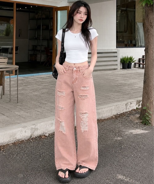 CANVAS+（キャンバスプラス）の「【CANVAS+】ローズウォッシュクラッシュワイドデニムパンツ（デニムパンツ・レディース・ピンク・L/M/S）」の5枚目の写真