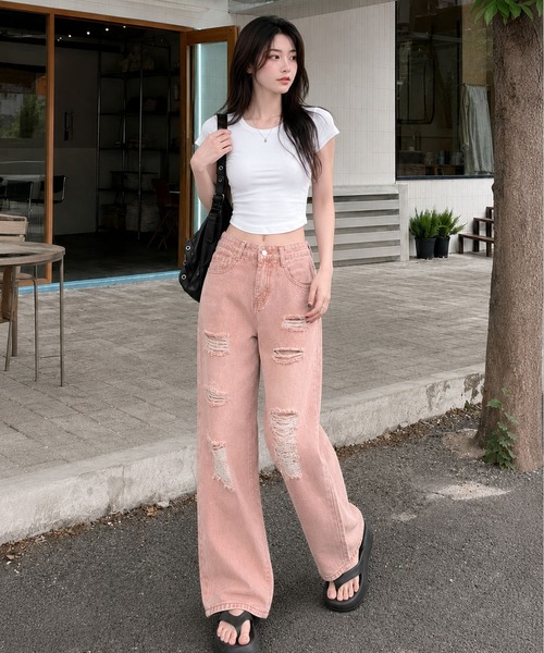 CANVAS+（キャンバスプラス）の「【CANVAS+】ローズウォッシュクラッシュワイドデニムパンツ（デニムパンツ・レディース・ピンク・L/M/S）」の6枚目の写真