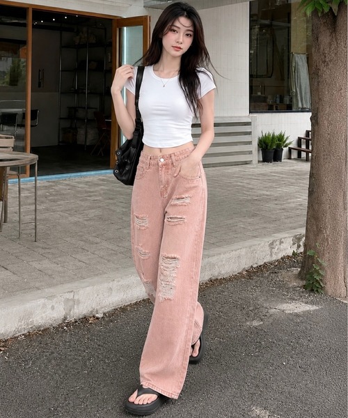 CANVAS+（キャンバスプラス）の「【CANVAS+】ローズウォッシュクラッシュワイドデニムパンツ（デニムパンツ・レディース・ピンク・L/M/S）」の7枚目の写真