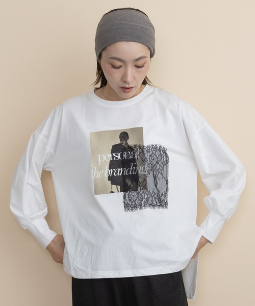 lodie(ロディ)の「フォト×レース ロンT(Tシャツ/カットソー・レディース・ブラック/アイボリー/ベージュ/チャコールグレー・FREE)」の2枚目の写真