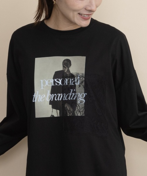 lodie(ロディ)の「フォト×レース ロンT(Tシャツ/カットソー・レディース・ブラック/アイボリー/ベージュ/チャコールグレー・FREE)」の3枚目の写真