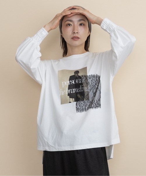 lodie(ロディ)の「フォト×レース ロンT(Tシャツ/カットソー・レディース・ブラック/アイボリー/ベージュ/チャコールグレー・FREE)」の5枚目の写真