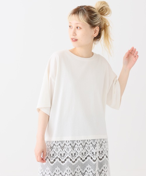 HEART MARKET(ハートマーケット)の「裾レースドッキングチュニック(Tシャツ/カットソー・レディース・ダークブラウン/グレイッシュベージュ/ホワイト/ブラック系/ブラック・FREE)」の1枚目の写真