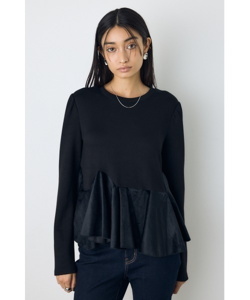 AZUL by moussy(アズールバイマウジー)の「ベロアフリルヘムカットトップス 秋服 冬服 春服 ペプラムトップス 体系カバー オケージョン(Tシャツ/カットソー・レディース・ネイビー/ブラック/ライトベージュ・FREE)」の4枚目の写真