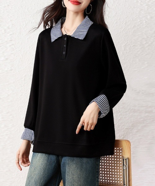 ONEP STAR(ワンピスター)の「ストライプ襟×レイヤード風長袖トップス(Tシャツ/カットソー・レディース・ブラック・LARGE/X-LARGE)」の1枚目の写真