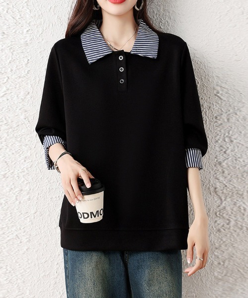 ONEP STAR(ワンピスター)の「ストライプ襟×レイヤード風長袖トップス(Tシャツ/カットソー・レディース・ブラック・LARGE/X-LARGE)」の2枚目の写真
