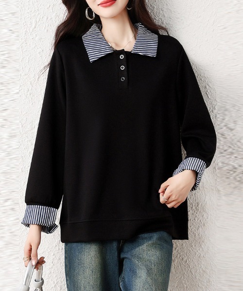 ONEP STAR(ワンピスター)の「ストライプ襟×レイヤード風長袖トップス(Tシャツ/カットソー・レディース・ブラック・LARGE/X-LARGE)」の3枚目の写真