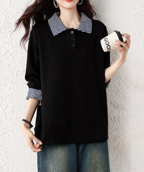 ONEP STAR(ワンピスター)の「ストライプ襟×レイヤード風長袖トップス(Tシャツ/カットソー・レディース・ブラック・LARGE/X-LARGE)」の4枚目の写真