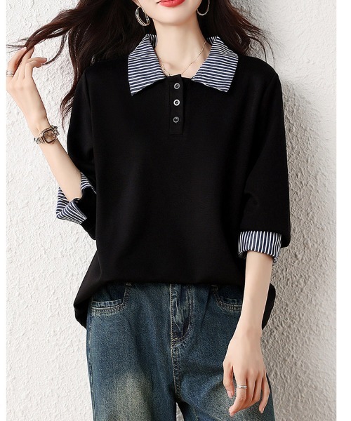 ONEP STAR(ワンピスター)の「ストライプ襟×レイヤード風長袖トップス(Tシャツ/カットソー・レディース・ブラック・LARGE/X-LARGE)」の5枚目の写真