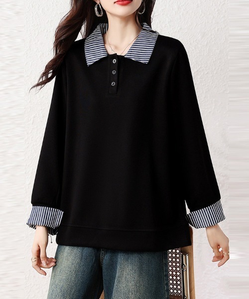 ONEP STAR(ワンピスター)の「ストライプ襟×レイヤード風長袖トップス(Tシャツ/カットソー・レディース・ブラック・LARGE/X-LARGE)」の6枚目の写真