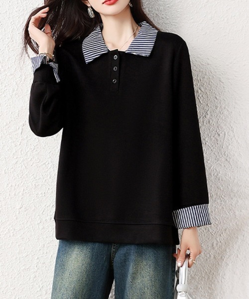 ONEP STAR(ワンピスター)の「ストライプ襟×レイヤード風長袖トップス(Tシャツ/カットソー・レディース・ブラック・LARGE/X-LARGE)」の7枚目の写真