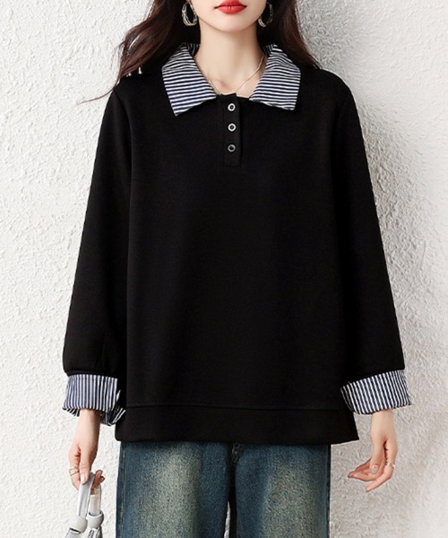 ONEP STAR(ワンピスター)の「ストライプ襟×レイヤード風長袖トップス(Tシャツ/カットソー・レディース・ブラック・LARGE/X-LARGE)」の8枚目の写真