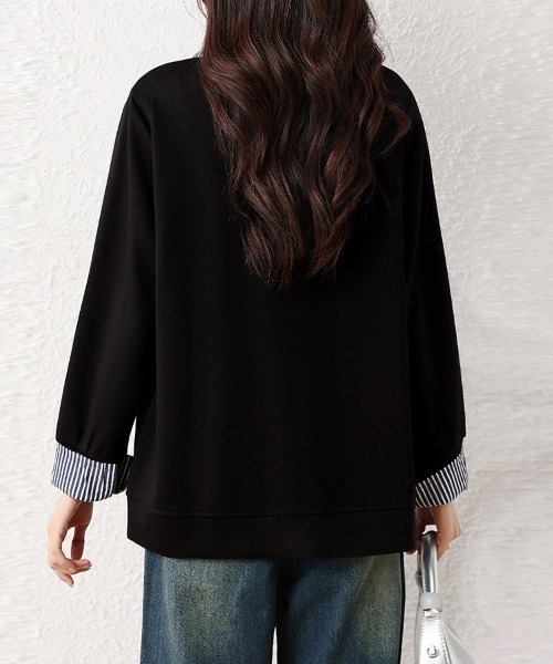 ONEP STAR(ワンピスター)の「ストライプ襟×レイヤード風長袖トップス(Tシャツ/カットソー・レディース・ブラック・LARGE/X-LARGE)」の9枚目の写真