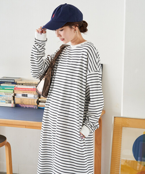 FREAK'S STORE(フリークスストア)の「限定展開 USAコットン ビッグ シルエット ロングスリーブ ワンピース(ワンピース・レディース・ネイビー/ブラック/ダークブラウン/ナチュラル/ストライプ/ワイン/オリーブ/ブルー・MEDIUM/SMALL)」の8枚目の写真