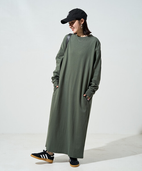 FREAK'S STORE(フリークスストア)の「限定展開 USAコットン ビッグ シルエット ロングスリーブ ワンピース(ワンピース・レディース・ネイビー/ブラック/ダークブラウン/ナチュラル/ストライプ/ワイン/オリーブ/ブルー・MEDIUM/SMALL)」の4枚目の写真
