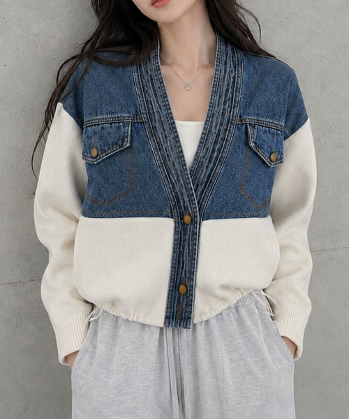 GLAMOROUS JANE(グラマラスジェーン)の「デニム切替ニットブルゾン(デニムジャケット・レディース・ホワイト/ブラック・FREE)」の1枚目の写真