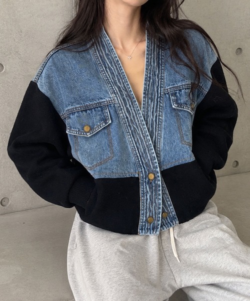 GLAMOROUS JANE(グラマラスジェーン)の「デニム切替ニットブルゾン(デニムジャケット・レディース・ホワイト/ブラック・FREE)」の2枚目の写真