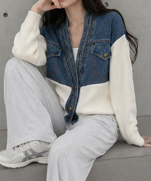 GLAMOROUS JANE(グラマラスジェーン)の「デニム切替ニットブルゾン(デニムジャケット・レディース・ホワイト/ブラック・FREE)」の3枚目の写真