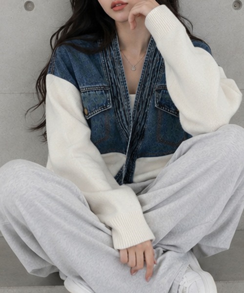 GLAMOROUS JANE(グラマラスジェーン)の「デニム切替ニットブルゾン(デニムジャケット・レディース・ホワイト/ブラック・FREE)」の4枚目の写真