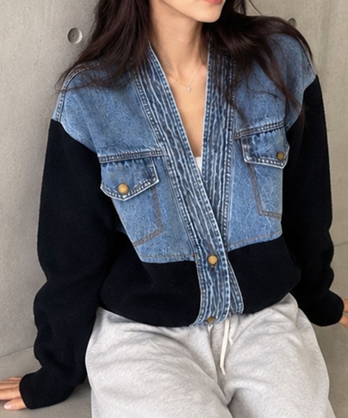 GLAMOROUS JANE(グラマラスジェーン)の「デニム切替ニットブルゾン(デニムジャケット・レディース・ホワイト/ブラック・FREE)」の6枚目の写真