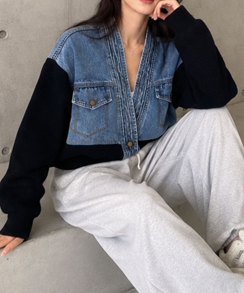 GLAMOROUS JANE(グラマラスジェーン)の「デニム切替ニットブルゾン(デニムジャケット・レディース・ホワイト/ブラック・FREE)」の7枚目の写真