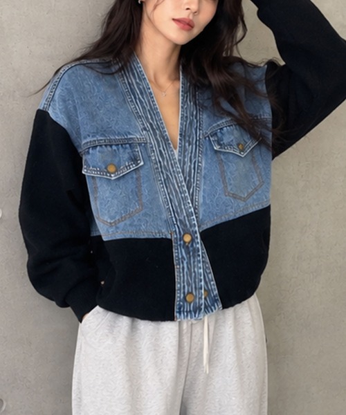 GLAMOROUS JANE(グラマラスジェーン)の「デニム切替ニットブルゾン(デニムジャケット・レディース・ホワイト/ブラック・FREE)」の8枚目の写真