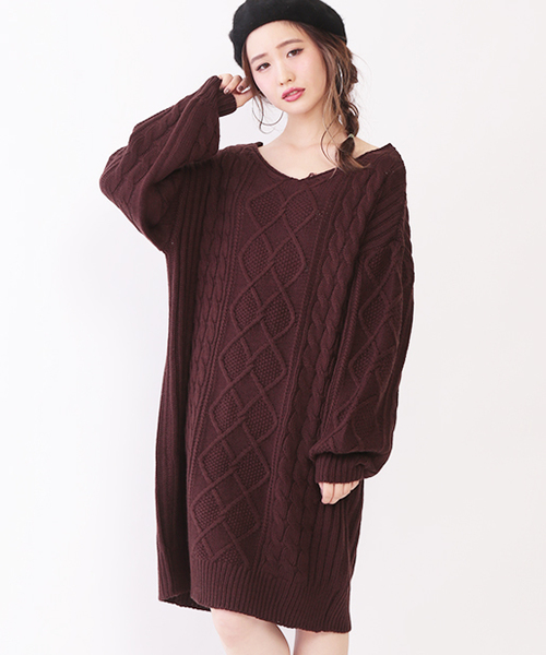 one after another NICE CLAUP（ワンアフターアナザーナイスクラップ）の「ケーブルニットワンピ（ワンピース・レディース・ブラウン/ピンク/アイボリー/ブラック・FREE）」の3枚目の写真