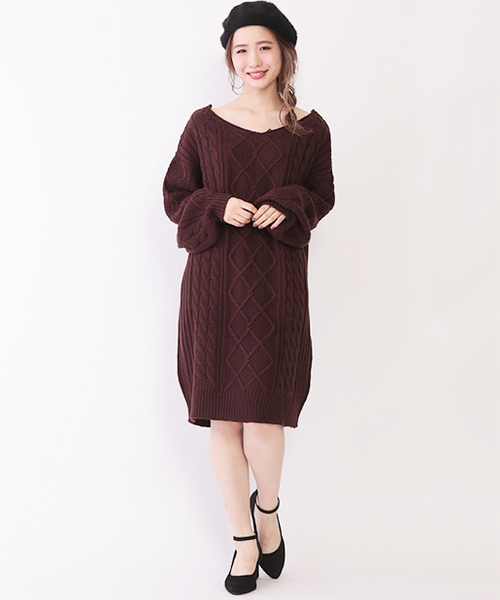 one after another NICE CLAUP（ワンアフターアナザーナイスクラップ）の「ケーブルニットワンピ（ワンピース・レディース・ブラウン/ピンク/アイボリー/ブラック・FREE）」の9枚目の写真