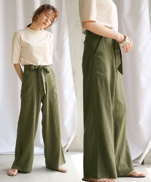 select MOCA(セレクトモカ)の「ハイウエストリネンワイドパンツ/ビックポケットリボンベルト付きリネンブレンドワイドパンツ(その他パンツ)」|カーキ