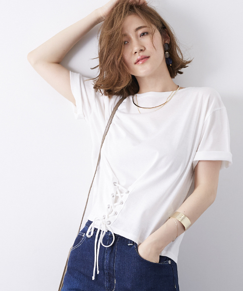 STUDIOUS(ステュディオス)の「【STUDIOUS】コルセットディティールカットソー(Tシャツ/カットソー・レディース・ダークグリーン/オフホワイト/ブラック・FREE)」の1枚目の写真