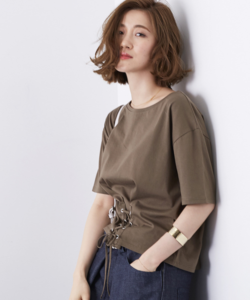 STUDIOUS(ステュディオス)の「【STUDIOUS】コルセットディティールカットソー(Tシャツ/カットソー・レディース・ダークグリーン/オフホワイト/ブラック・FREE)」の11枚目の写真