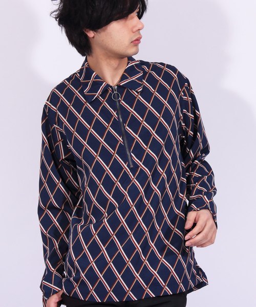 8(eight)(エイト)の「ハーフZIPシャツ 総柄 長袖(シャツ/ブラウス・メンズ・ブラック/ネイビー/ホワイト系その他/ホワイト系その他2・MEDIUM/LARGE)」の1枚目の写真