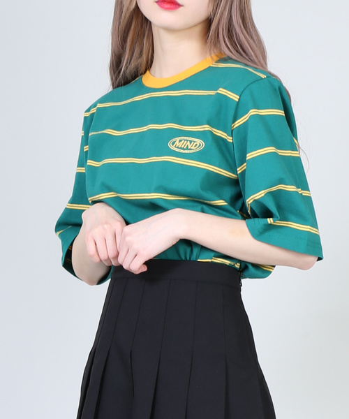 DING（ディング）の「DING/MINDボーダーTシャツ（Tシャツ/カットソー・レディース・ネイビー/グリーン/イエロー・FREE）」の2枚目の写真