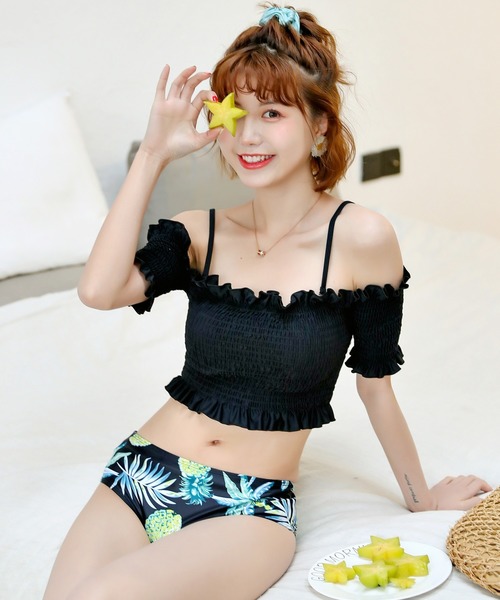 TeddyShop（テディショップ）の「レディース水着 オフショル風2WAYシャーリングフリルビキニ 2点セット（水着・レディース・ブルーグレー/ブラックミックス/ダークネイビー/グリーン/ブラック/ブラウン系その他/ネイビー/ブラウン/ブラック系その他・S/L/M/XL）」の16枚目の写真